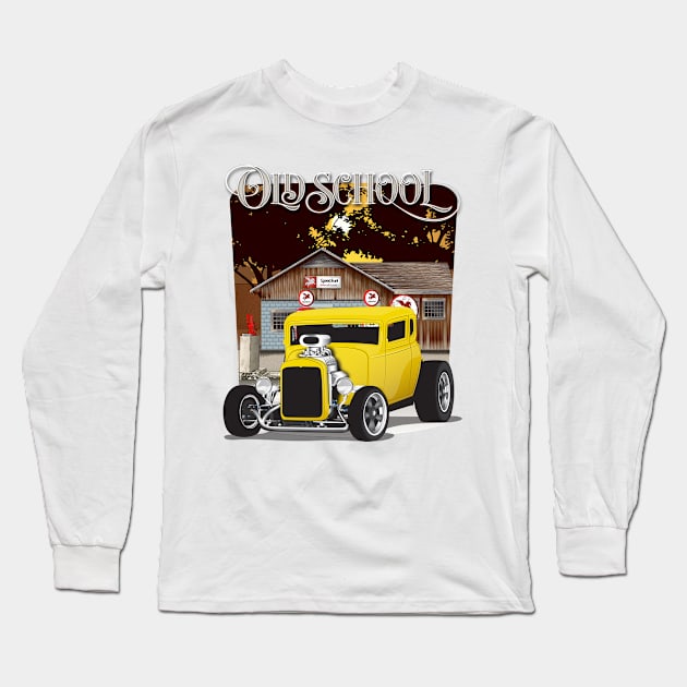 Yellow 1932 Chevy 5 Window Coupe Hot Rod Old School Print Long Sleeve T-Shirt by RPM-ART